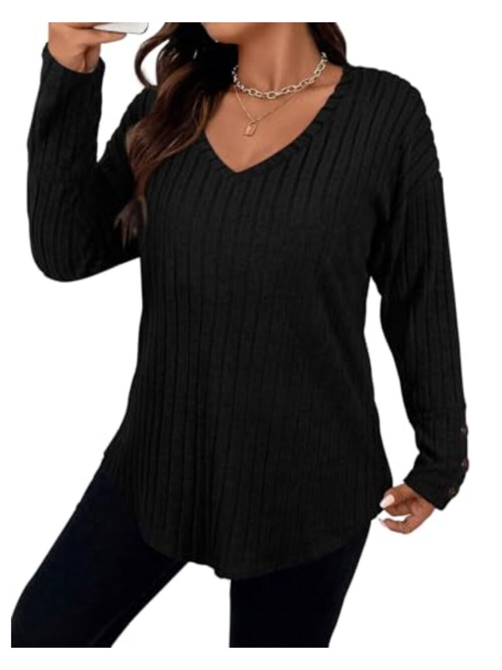Plus Size Womens Lightweight Tunic Sweater V-Neck Button Cuff Loose Fit